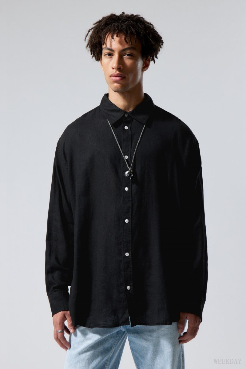 Weekday Oversized Linen Shirt Black | UFQV1832