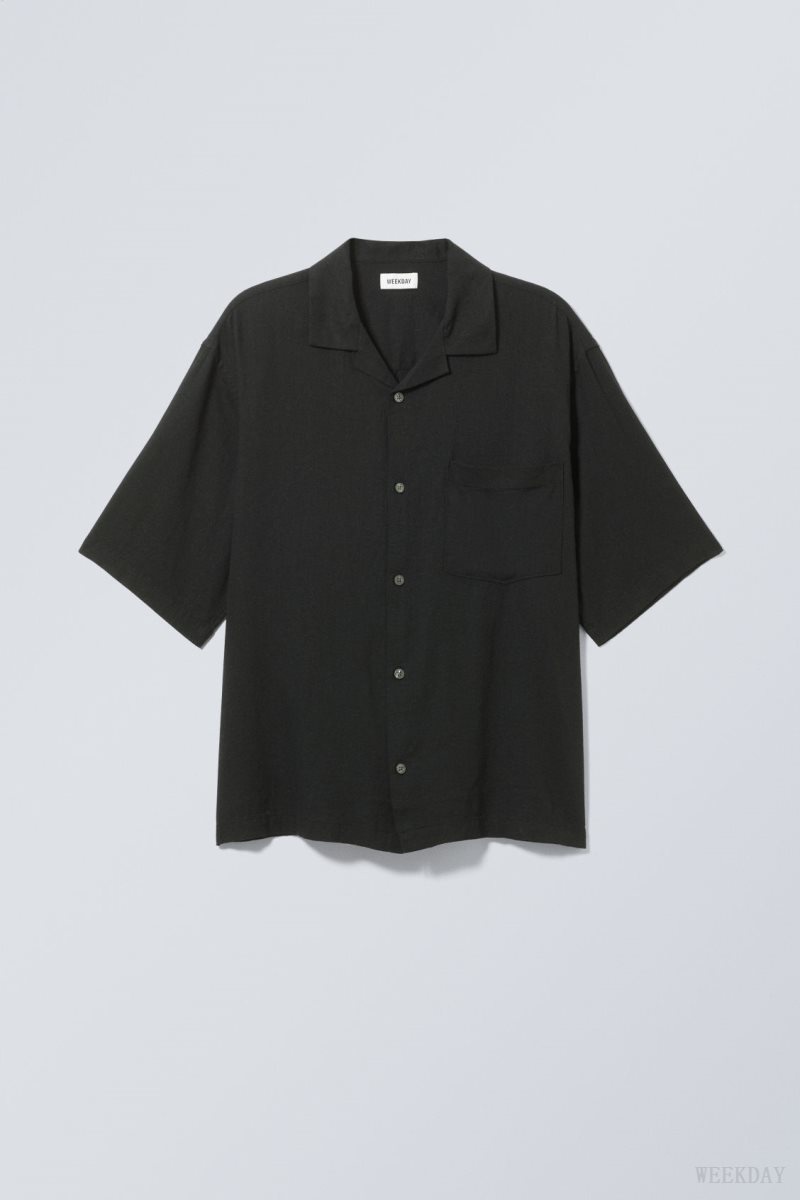 Weekday Oversized Linen Short Sleeve Shirt Black | LELR7552