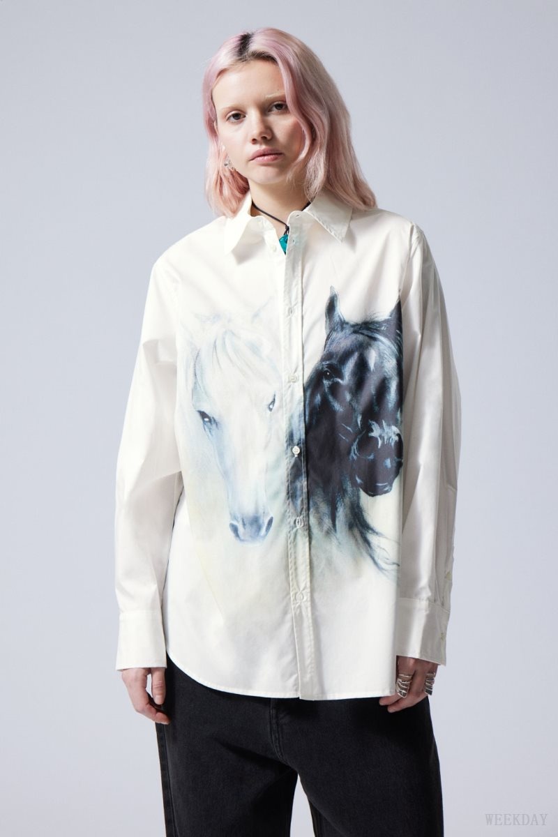 Weekday Oversized Printed Poplin Shirt White / Black | ZDIT5898