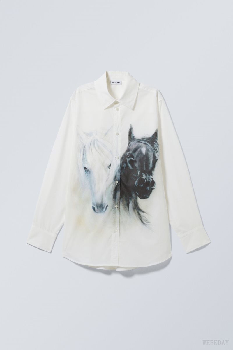 Weekday Oversized Printed Poplin Shirt White / Black | ZDIT5898