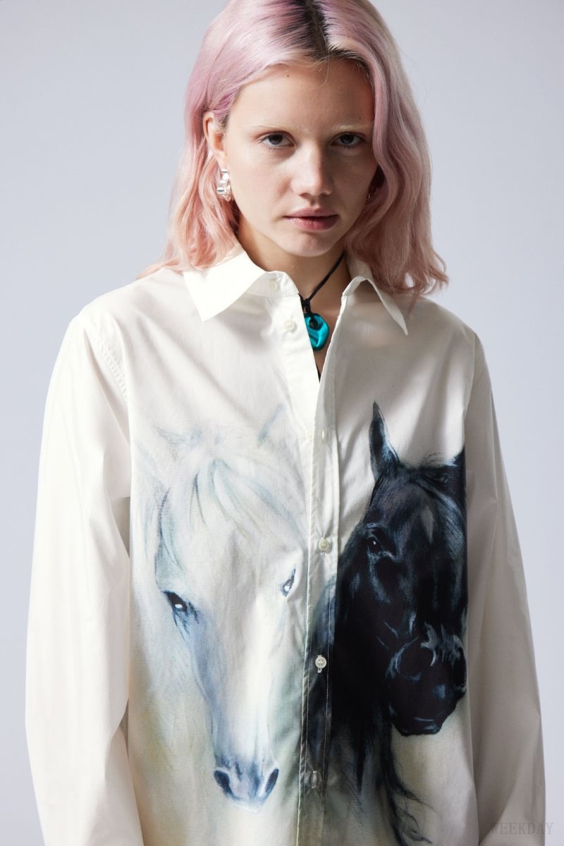 Weekday Oversized Printed Poplin Shirt White / Black | ZDIT5898