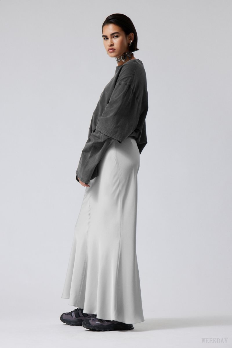 Weekday Paige Satin Long Skirt Light Grey | UQQJ3687