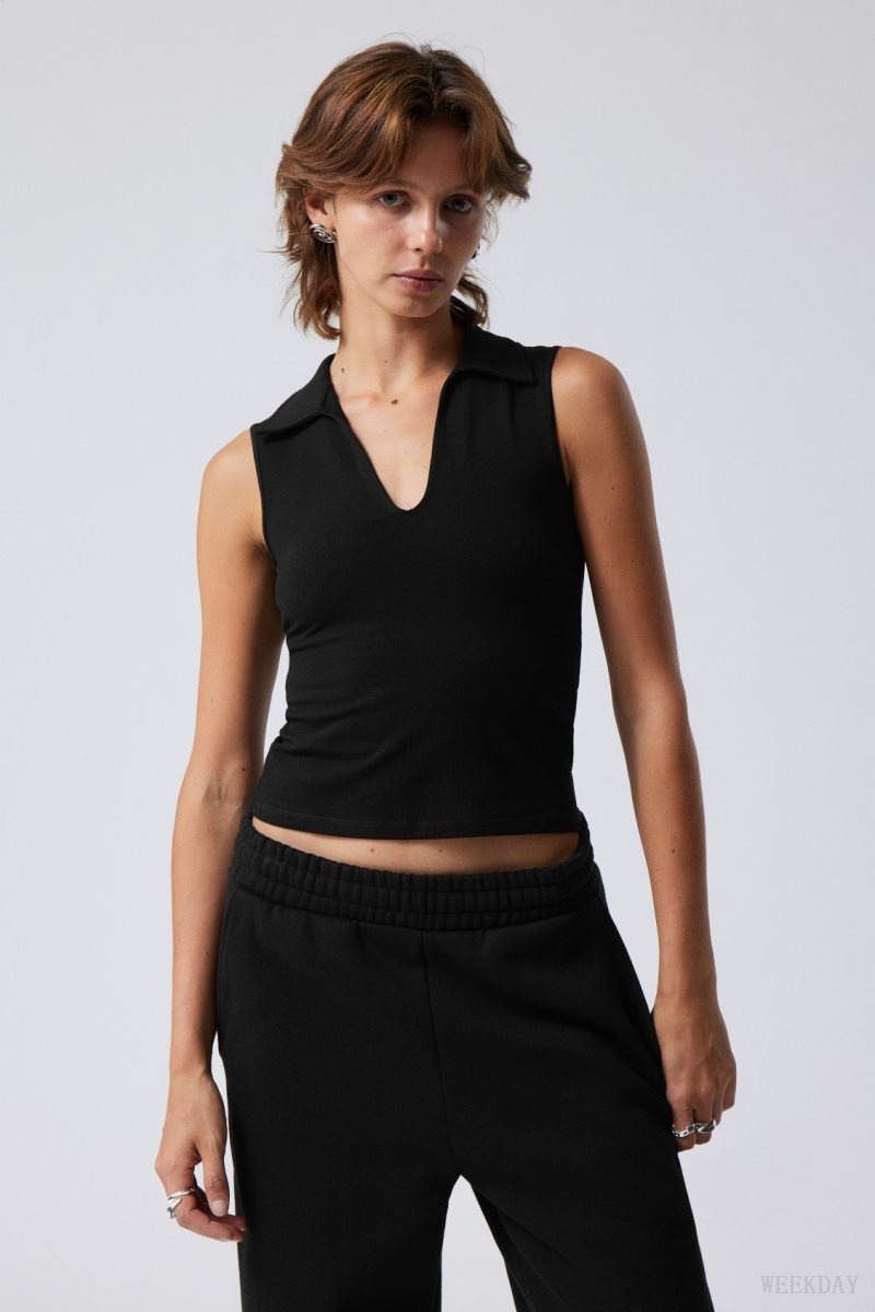 Weekday Phoebe Polo Top Black | FFDW3777