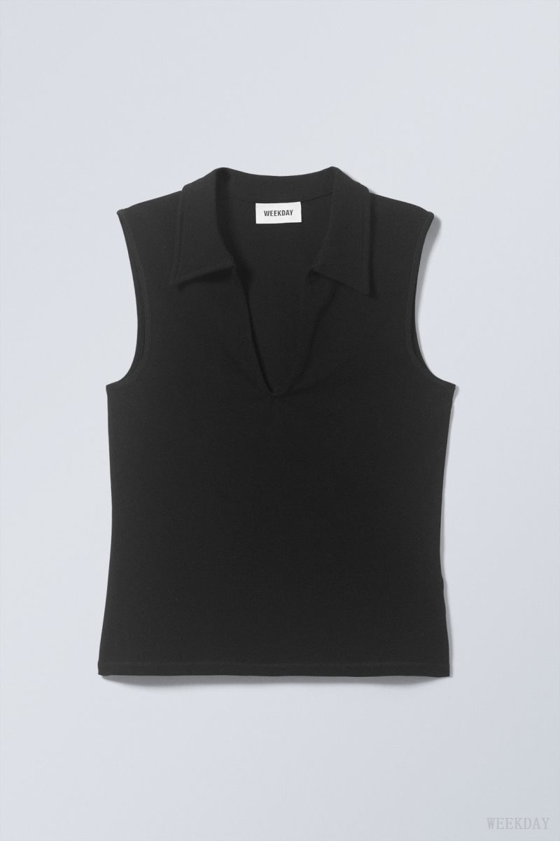 Weekday Phoebe Polo Top Black | FFDW3777