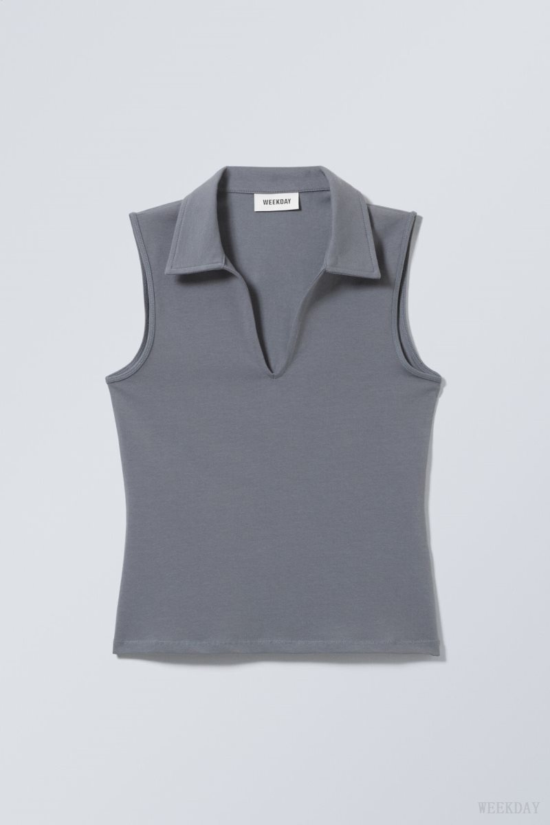 Weekday Phoebe Polo Top Dark Grey | SNOM4045