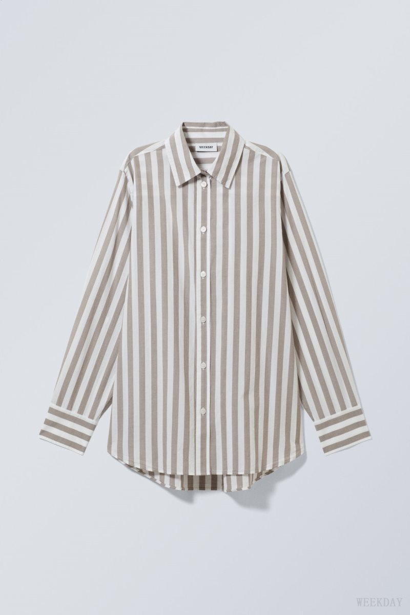 Weekday Regular Cotton Voile Shirt Beige Stripes | IEUJ2696