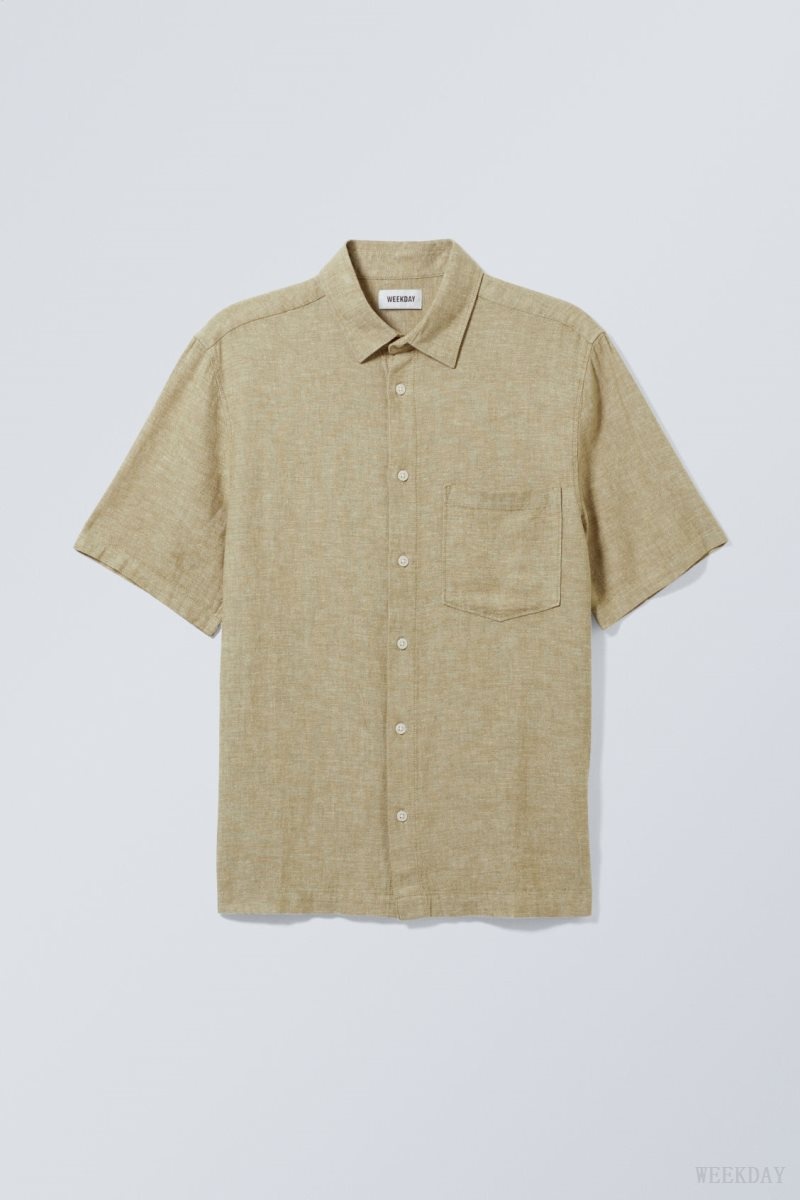 Weekday Relaxed Linen Short Sleeve Shirt Khaki | WIVV0986