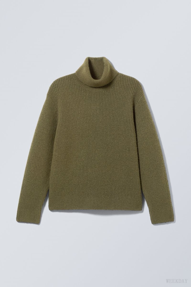 Weekday Renzo Relaxed Wool Blend Turtleneck Khaki Green | EGTY2324