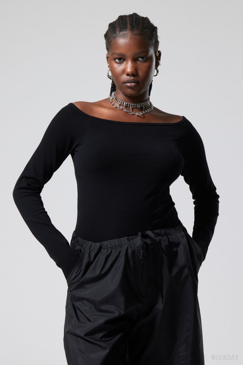 Weekday Seamless Off Shoulder Long Sleeve Black | JNIY0607