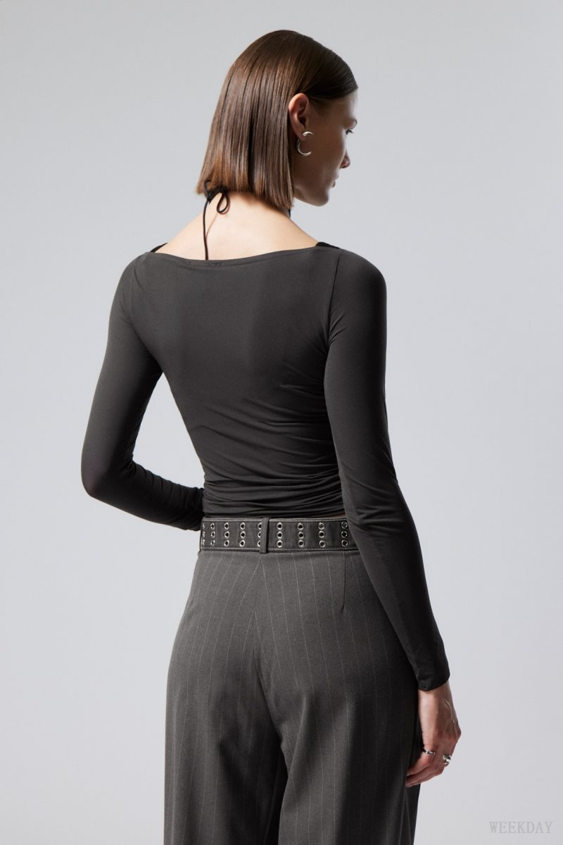 Weekday Sheer Boatneck Long Sleeve Dark Grey | BTXF5191