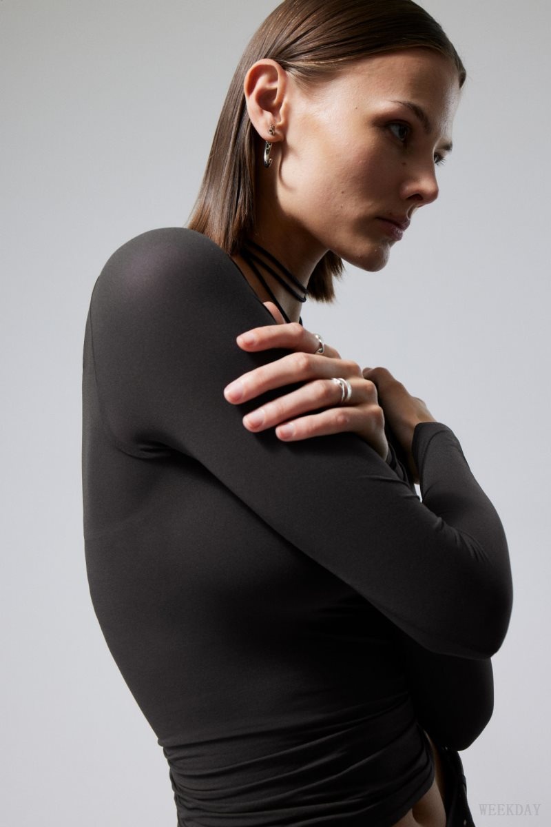 Weekday Sheer Boatneck Long Sleeve Dark Grey | BTXF5191