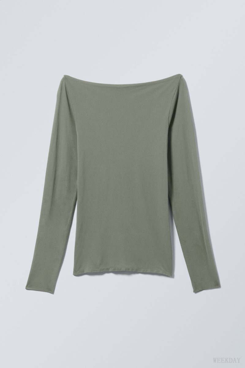 Weekday Sheer Boatneck Long Sleeve Khaki | FMRF6251