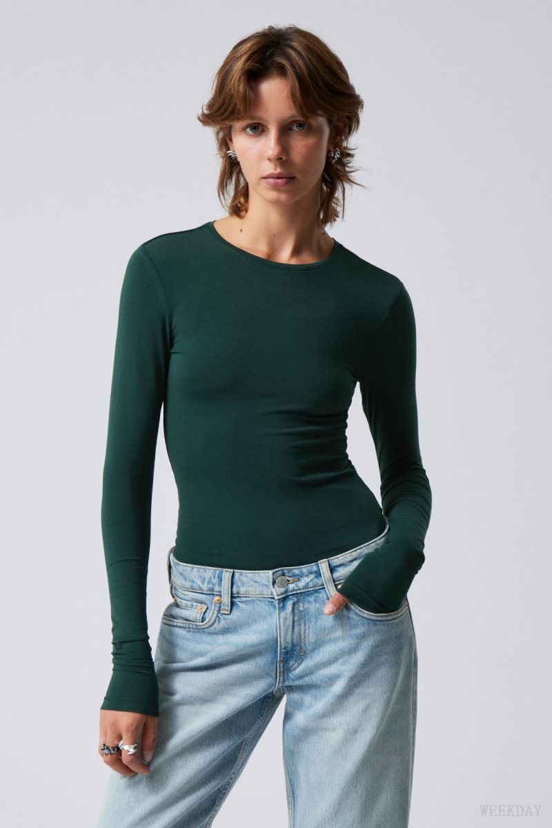 Weekday Slim Fitted Long Sleeve Dark Green | RUNN3174