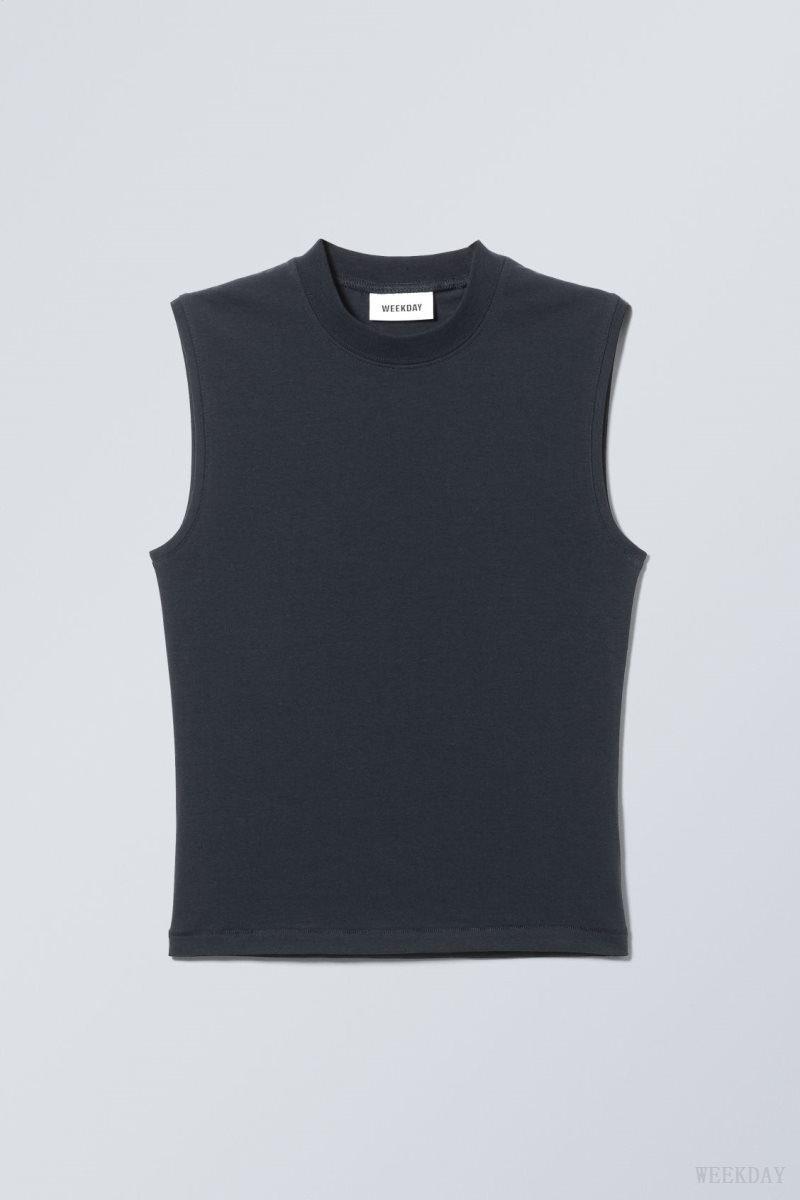 Weekday Slim Mock Neck Tank Top Dark Blue | XWFX6143