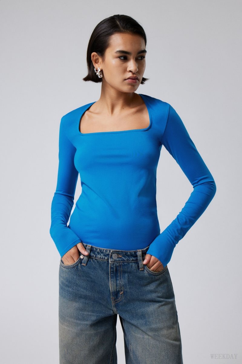 Weekday Square Neck Longsleeve Top Light Blue | GNAR6827