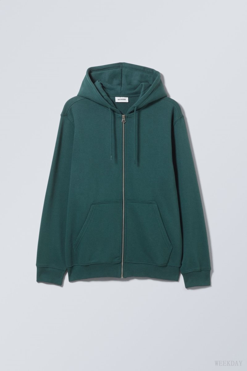 Weekday Standard Midweight Zip Hoodie Green | LDFL8994