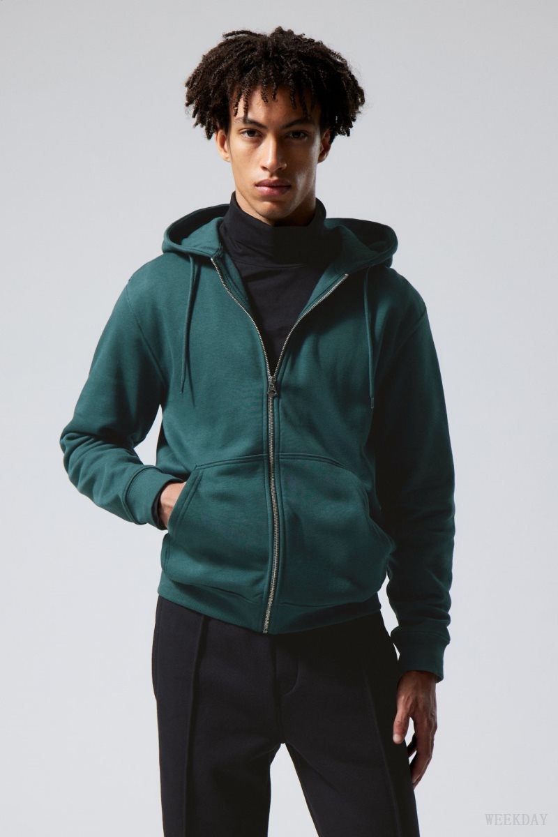 Weekday Standard Midweight Zip Hoodie Green | LDFL8994