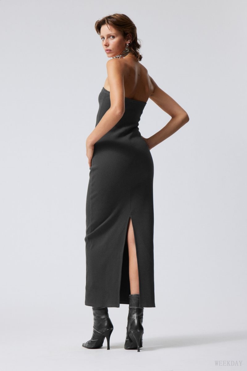 Weekday Tania Ribbed Tube Dress Dark Grey | NYLJ8691