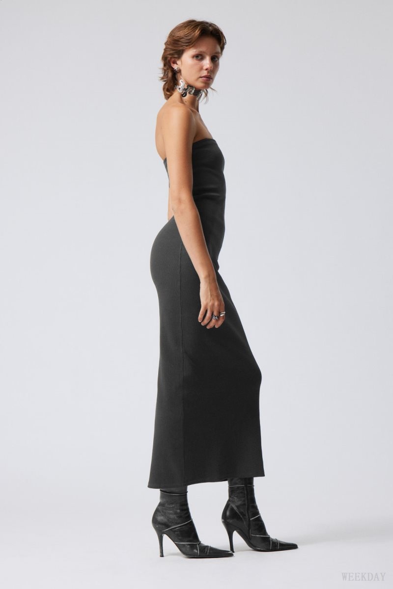 Weekday Tania Ribbed Tube Dress Dark Grey | NYLJ8691