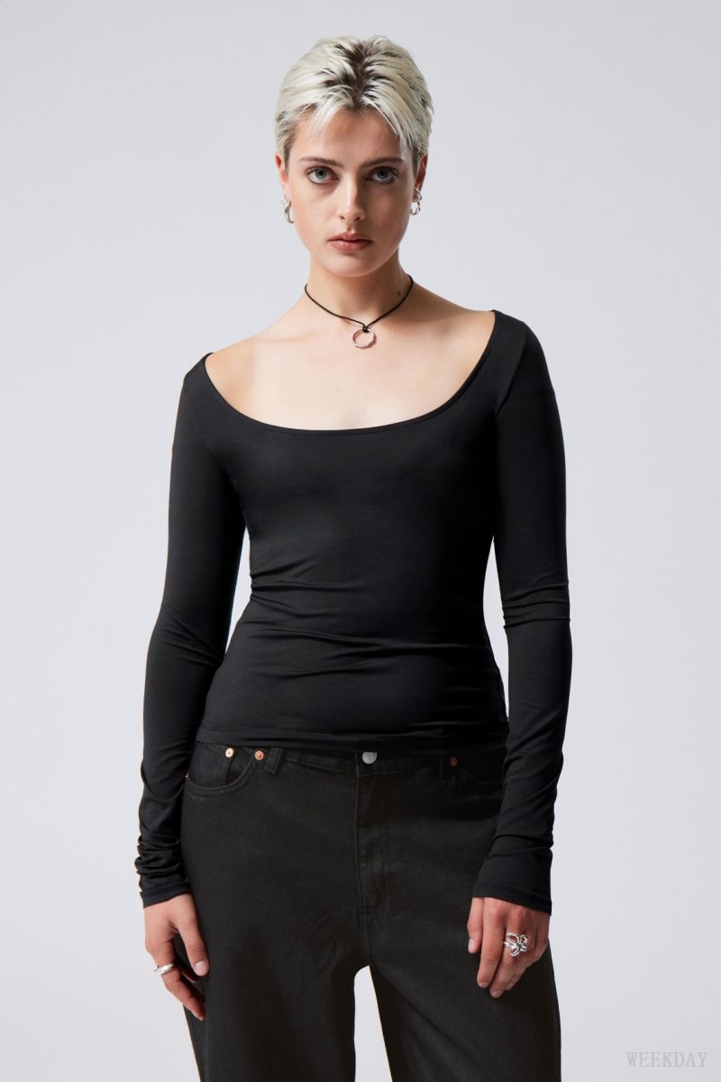 Weekday Tea Scoop Neck Long Sleeve Top Black | IKCZ8214