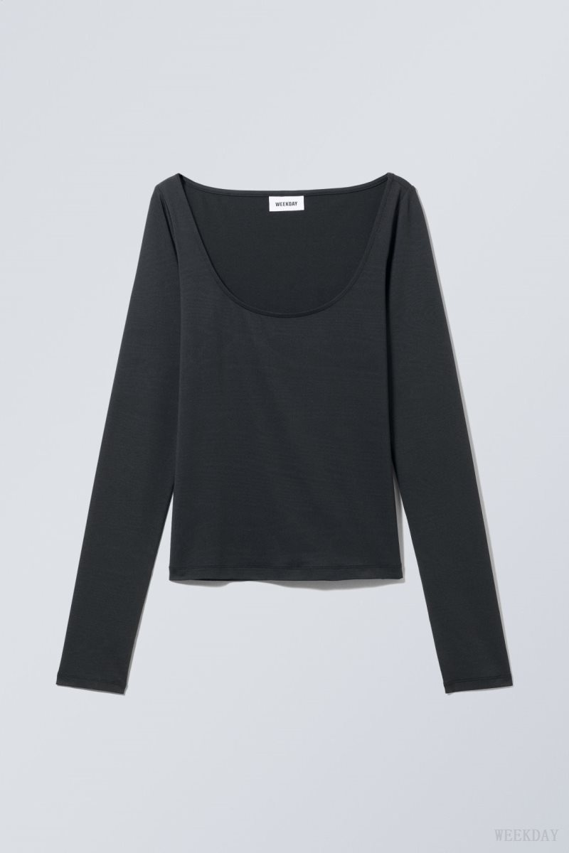 Weekday Tea Scoop Neck Long Sleeve Top Black | IKCZ8214