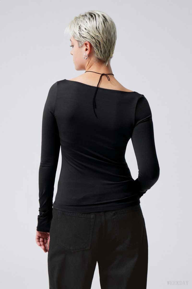 Weekday Tea Scoop Neck Long Sleeve Top Black | IKCZ8214