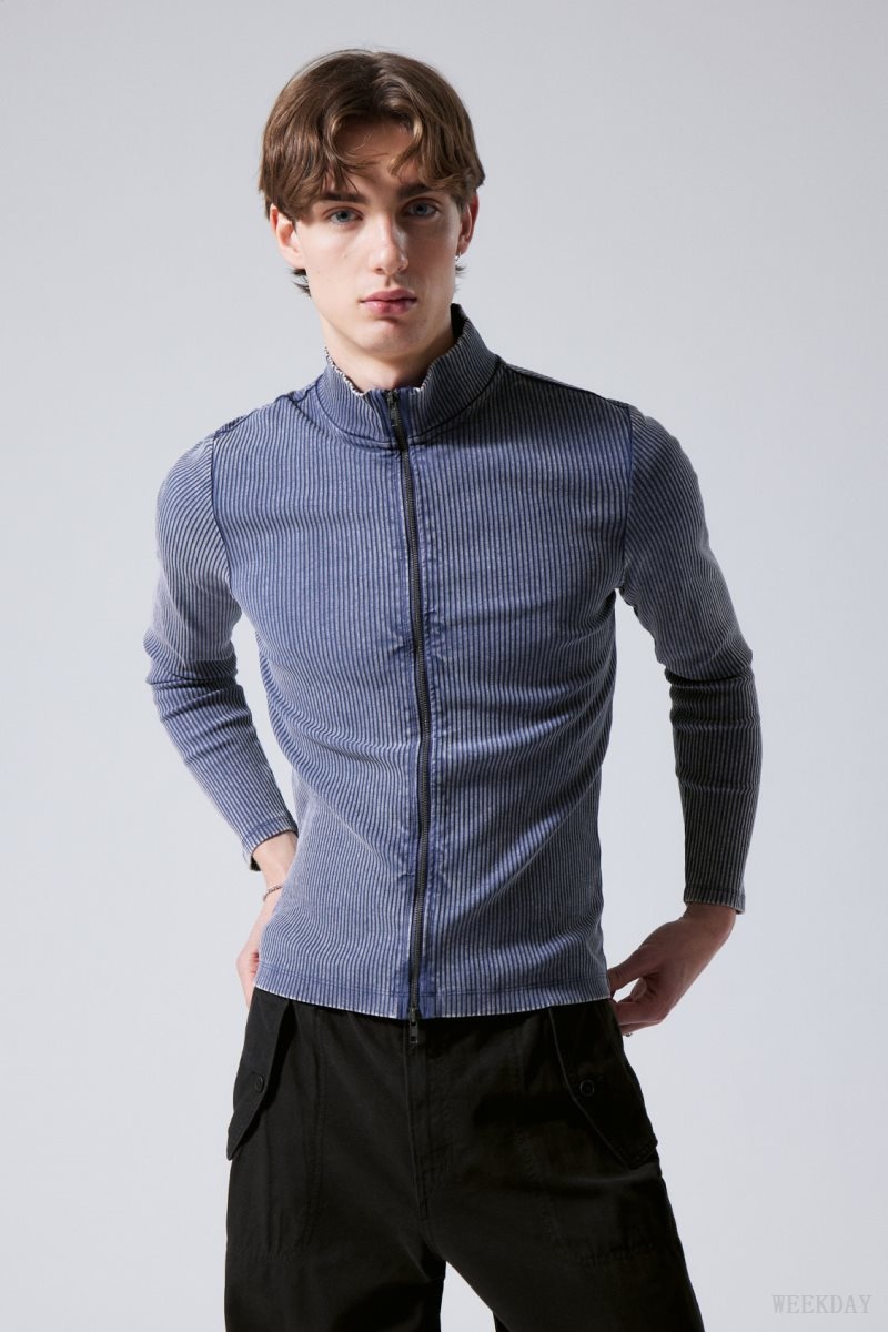 Weekday Toni Two Tone Rib Zip Turtleneck Blue / White | SBUK0131