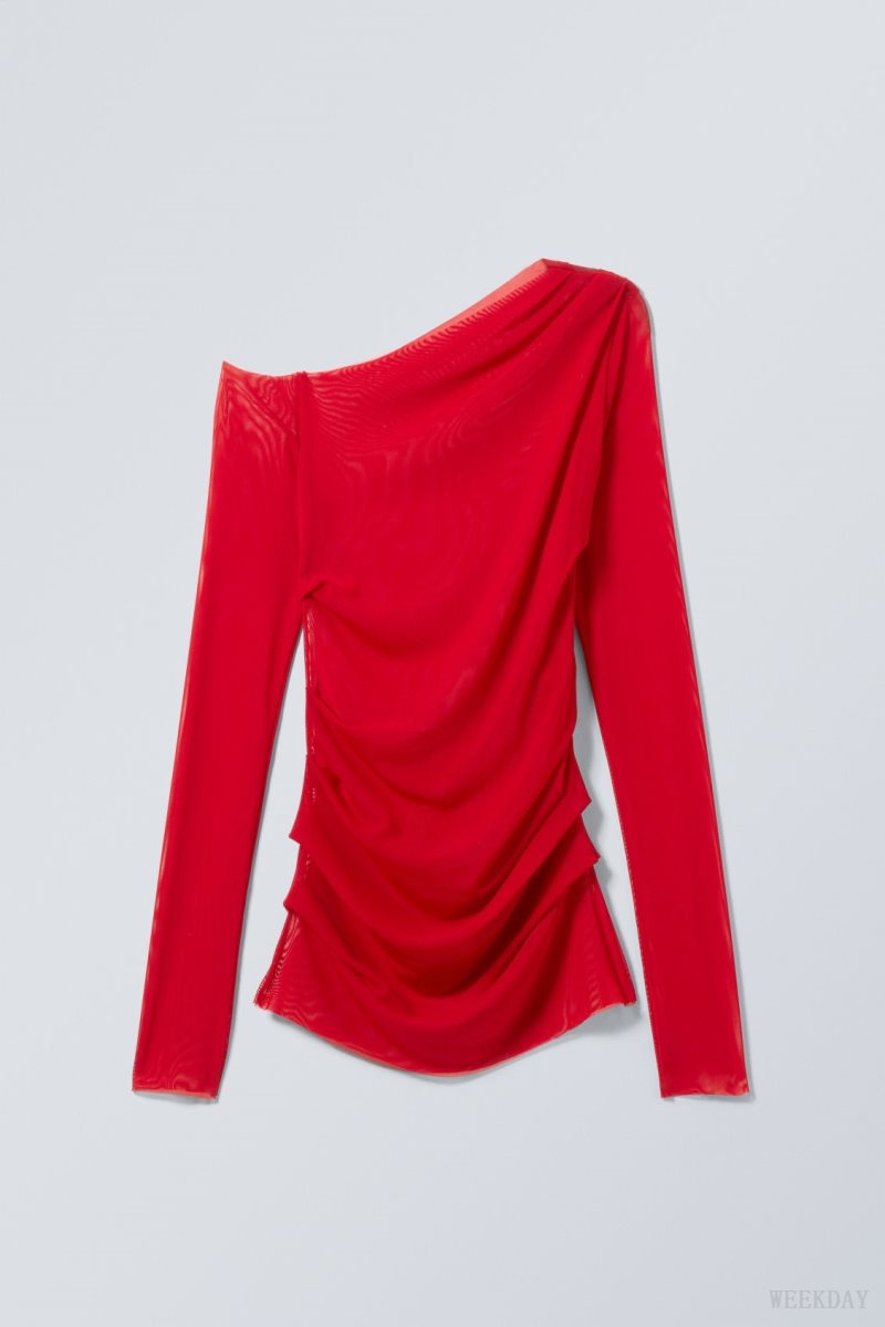 Weekday Transparent Drape Asymmetric Long Sleeve Red | SKBI0532