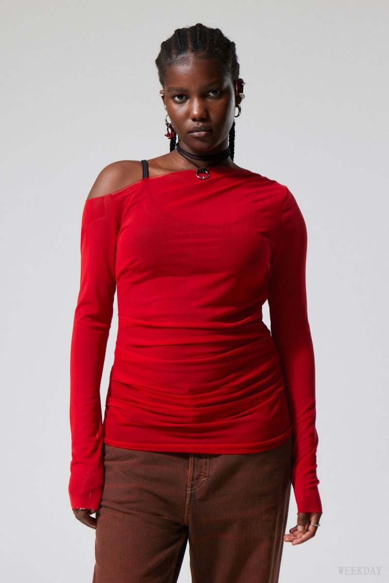 Weekday Transparent Drape Asymmetric Long Sleeve Red | SKBI0532