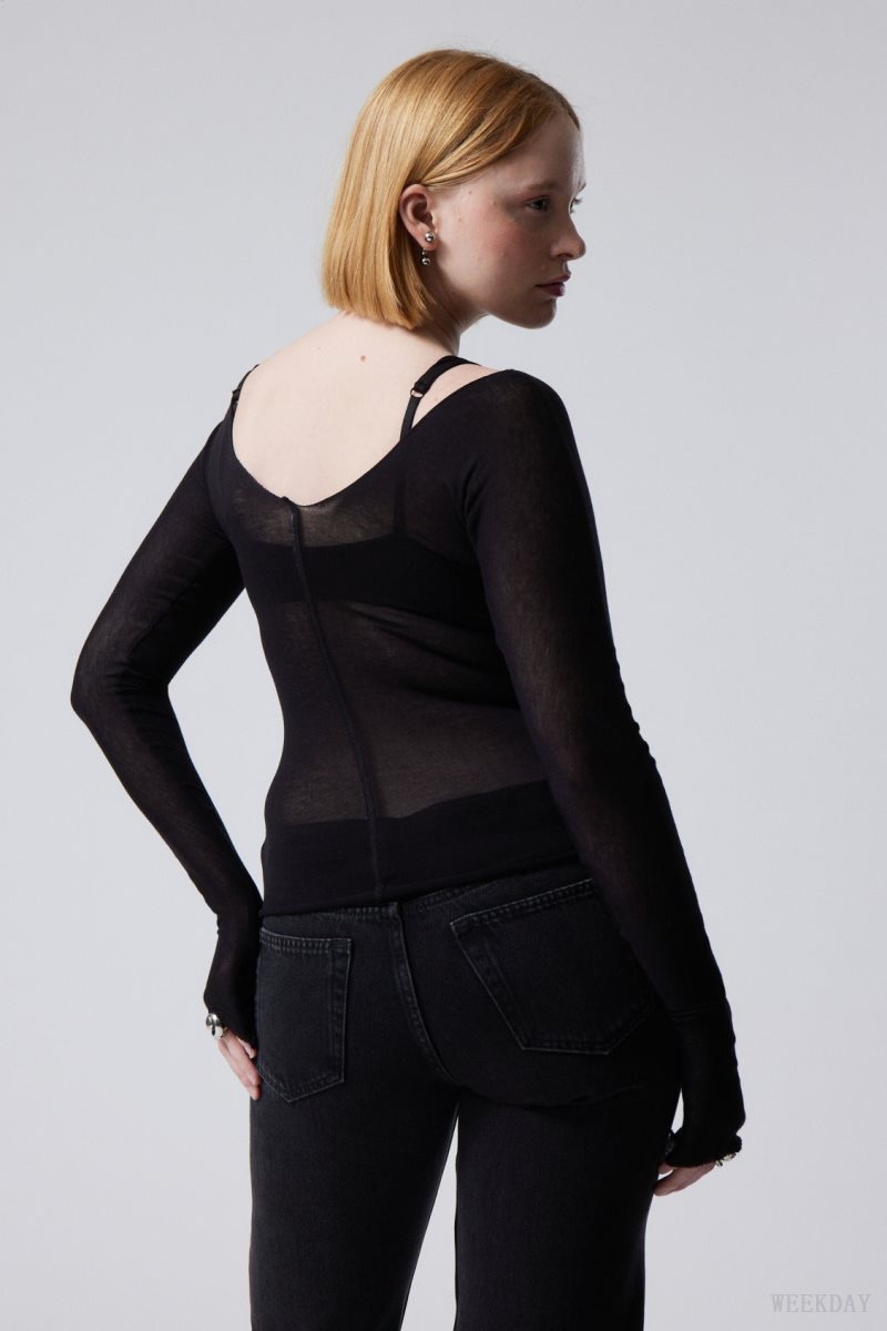 Weekday Yen Sheer Longsleeve Top Black | XGAP9140