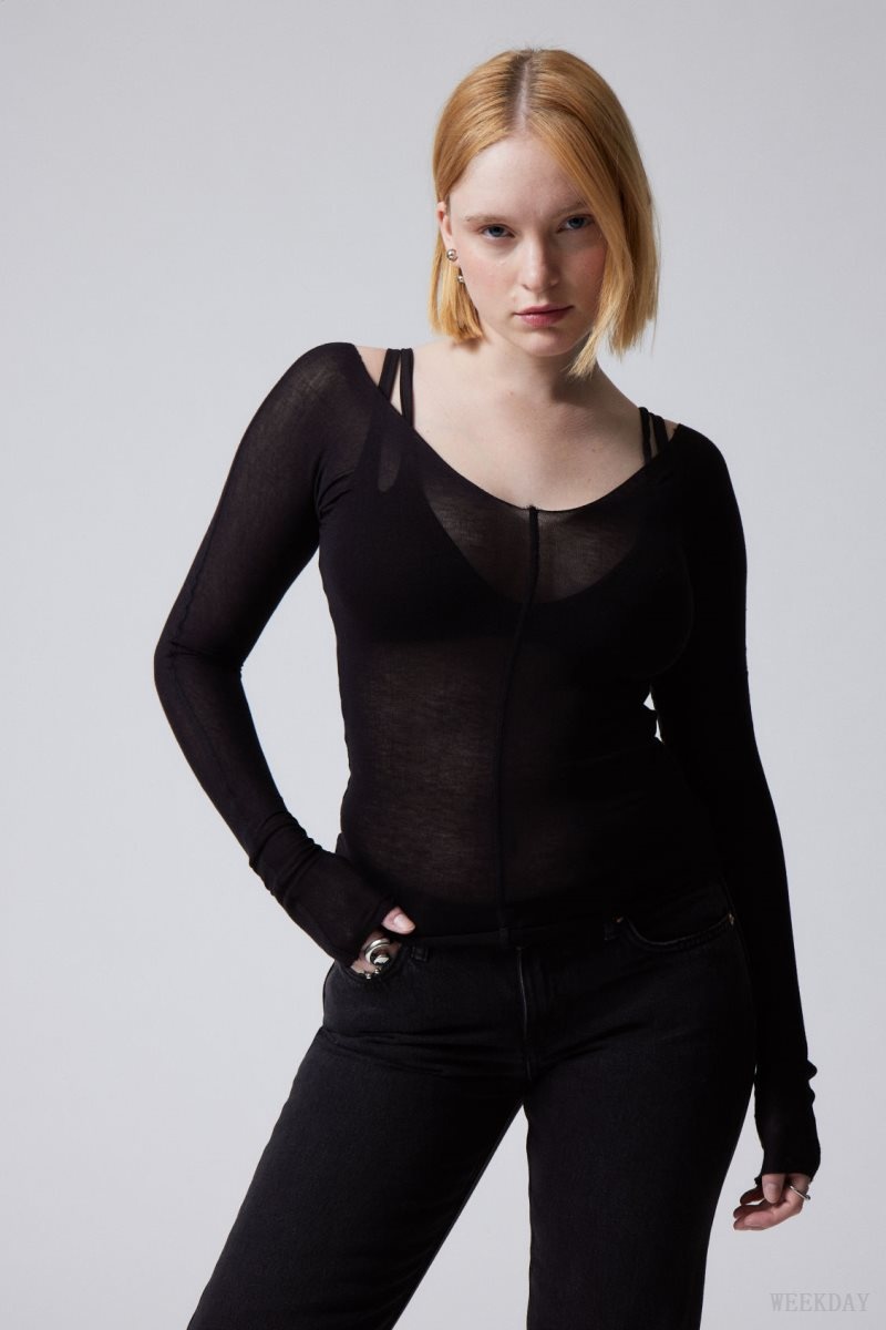 Weekday Yen Sheer Longsleeve Top Black | XGAP9140