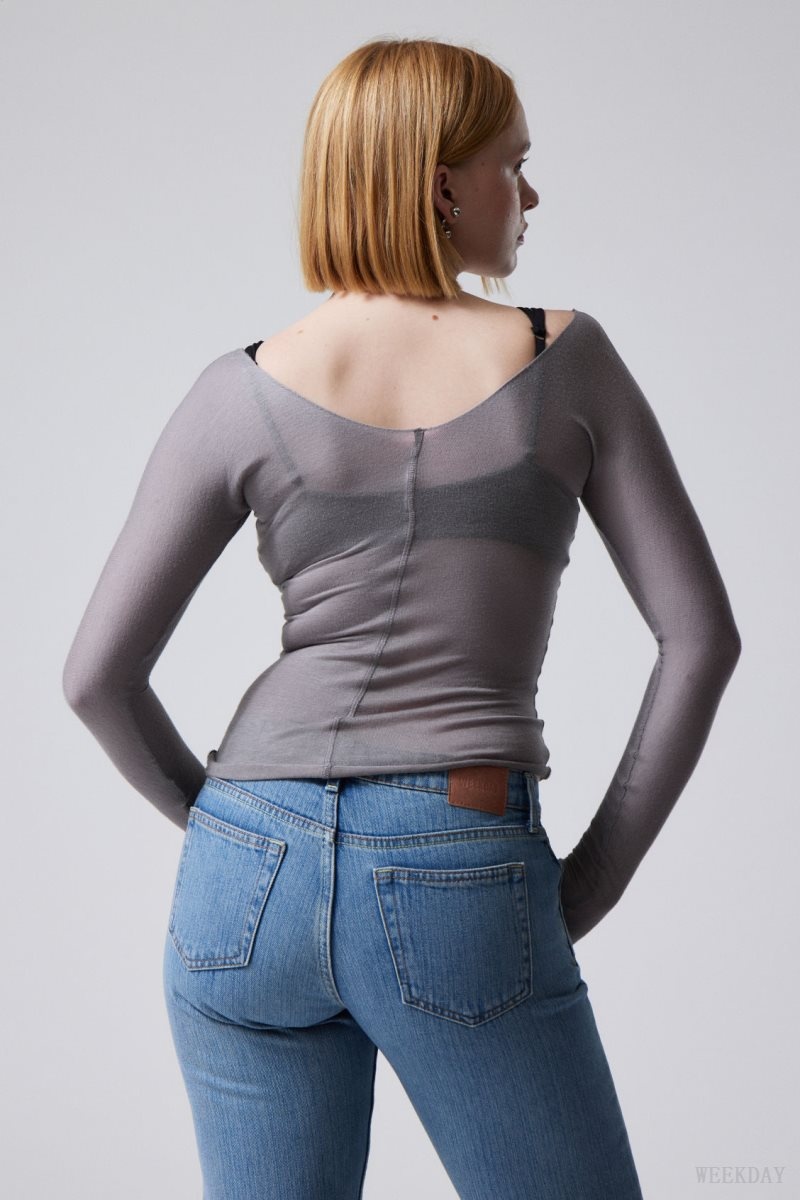 Weekday Yen Sheer Longsleeve Top Grey | EOQJ4083